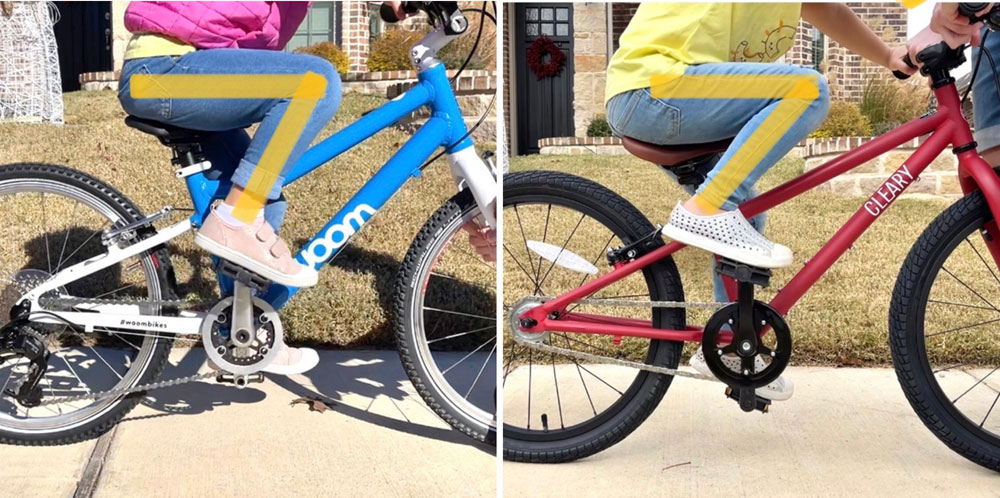 Side by side comparison of knee bend of child on the woom 4 vs the Cleary 20 inch bike. The woom 4 knee bend is more relaxed.