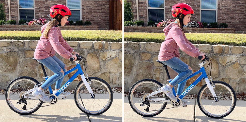 9 year old girl rider on woom 4 with the handlebars at their lowest and then highest point. The seat is set to its maximum.