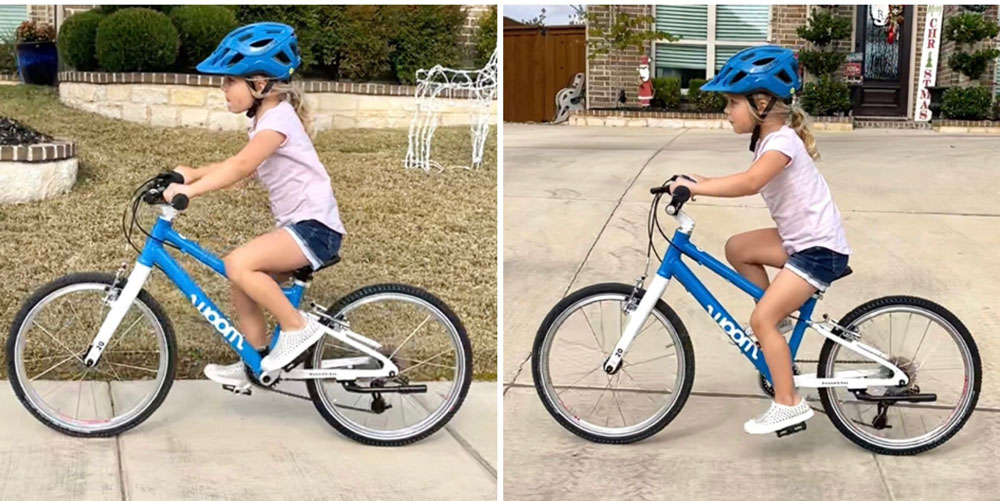 4 year old girl rider on woom 4 with the handlebars at their lowest and then highest point. The seat is set to its minimum.