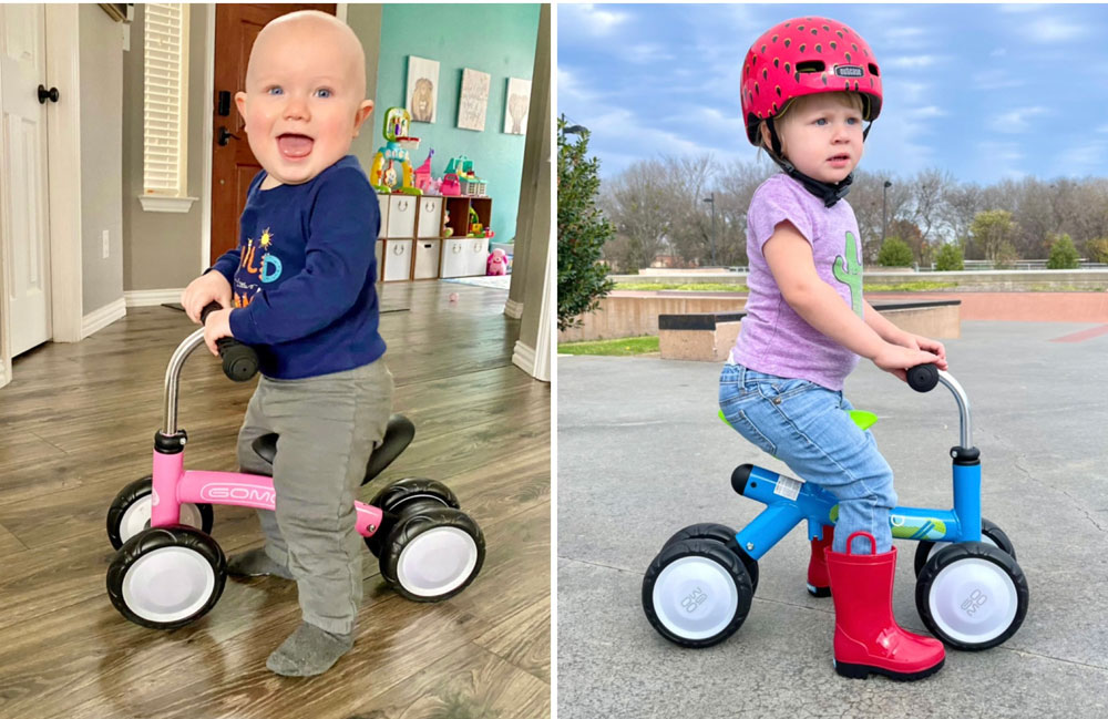 14 month old and 24 month old riding Gomo Sprout baby balance bike
