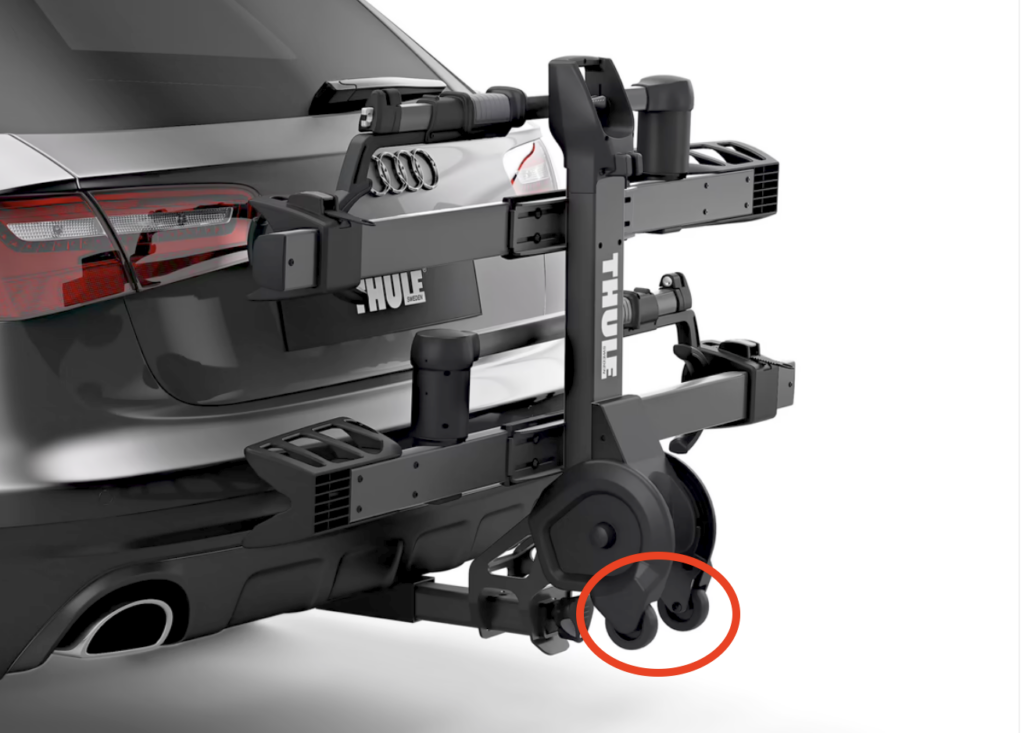 Wheels on base of Thule T2 Pro XTR hitch bike rack