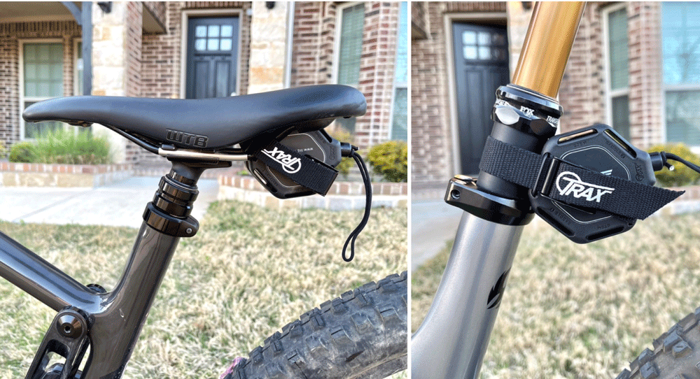 Collage showing TRAX PRO mounted to seat post and also to saddle rails