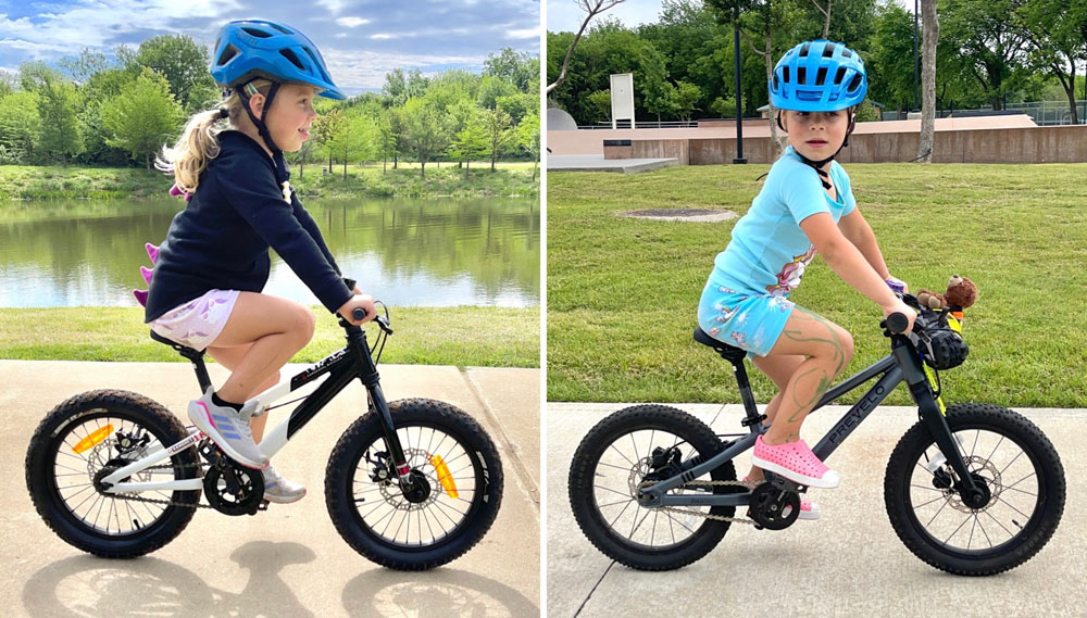 Side by side comparison of geometry of Commencal Ramones 16 and Prevelo Zulu Two. 4.5 year old is riding both bikes.