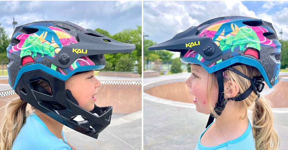 Child wearing Kali Maya full face helmet with and without the chin bar