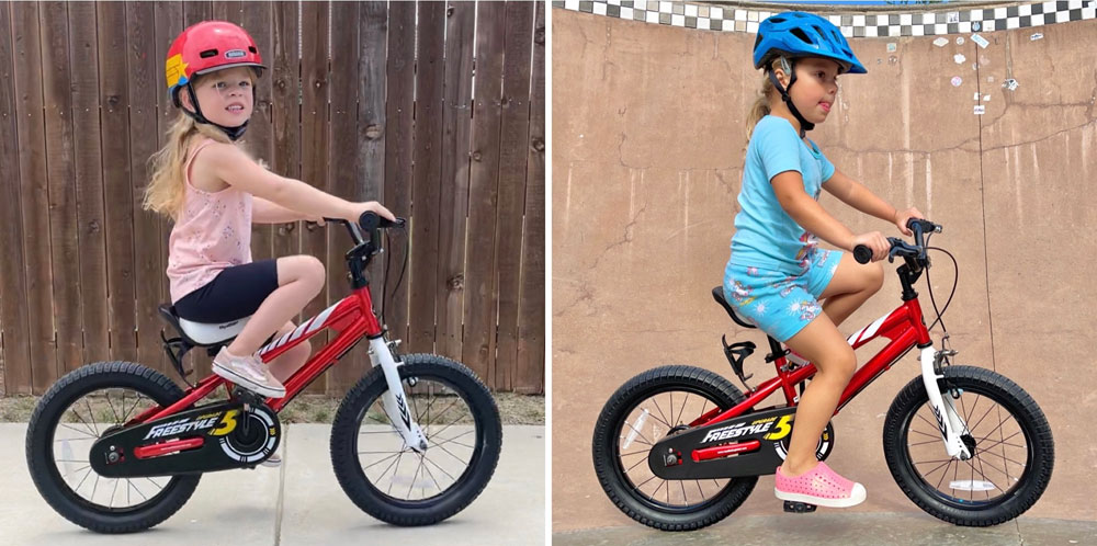 Side by side sizing comparison of Royalbaby 16 with two different 4 year olds.