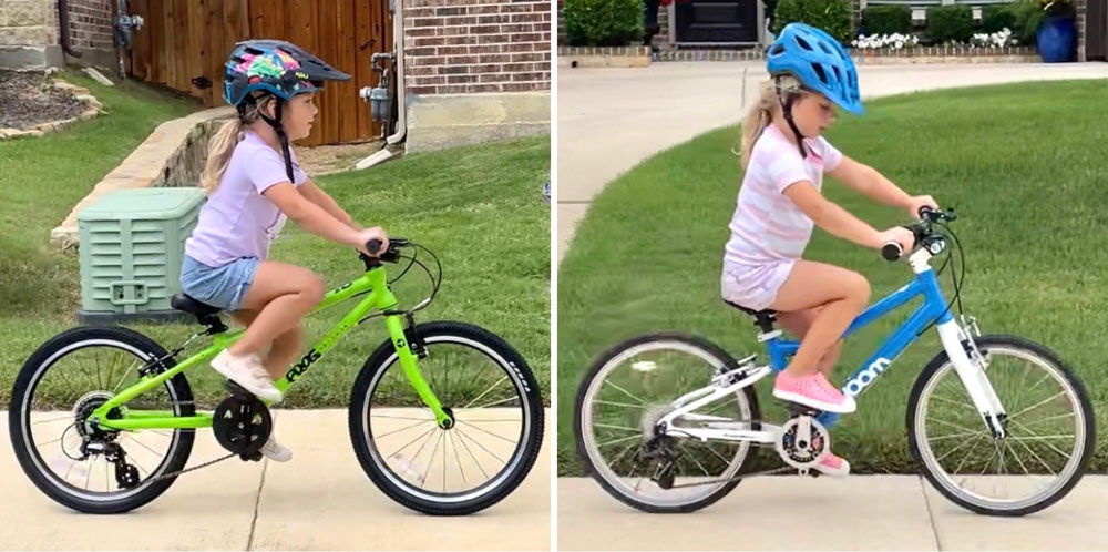 Comparison of Frog 52 and woom 4, showing more cramped knee bend at high stroke on Frog