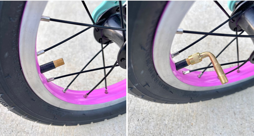Tire valve on Guardian balance bike, without and with the extender attached