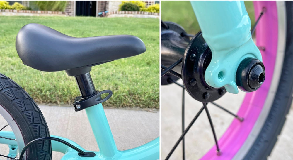 cushioned saddle and flattened axle bolts of the Guardian balance bike