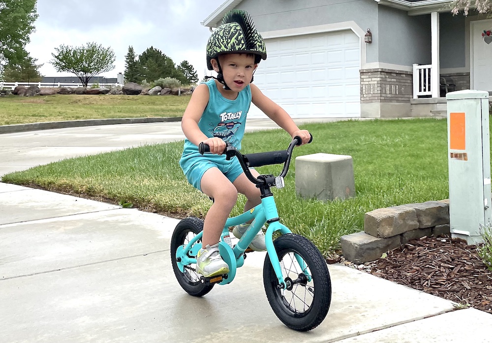 3 year old riding REI 12 inch bike