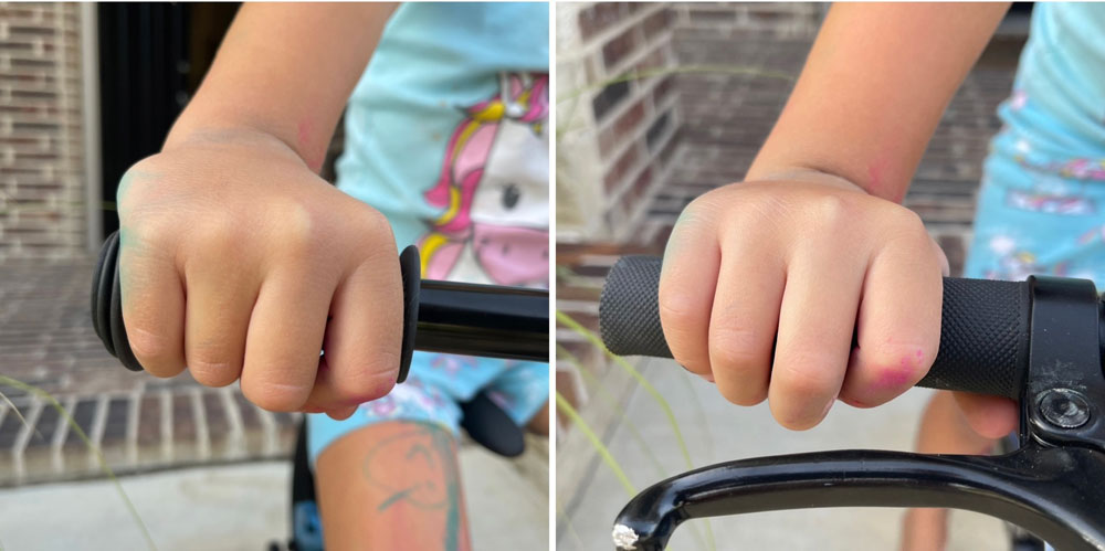 Colage showing how small the grip is on the 16" REI co-op bike