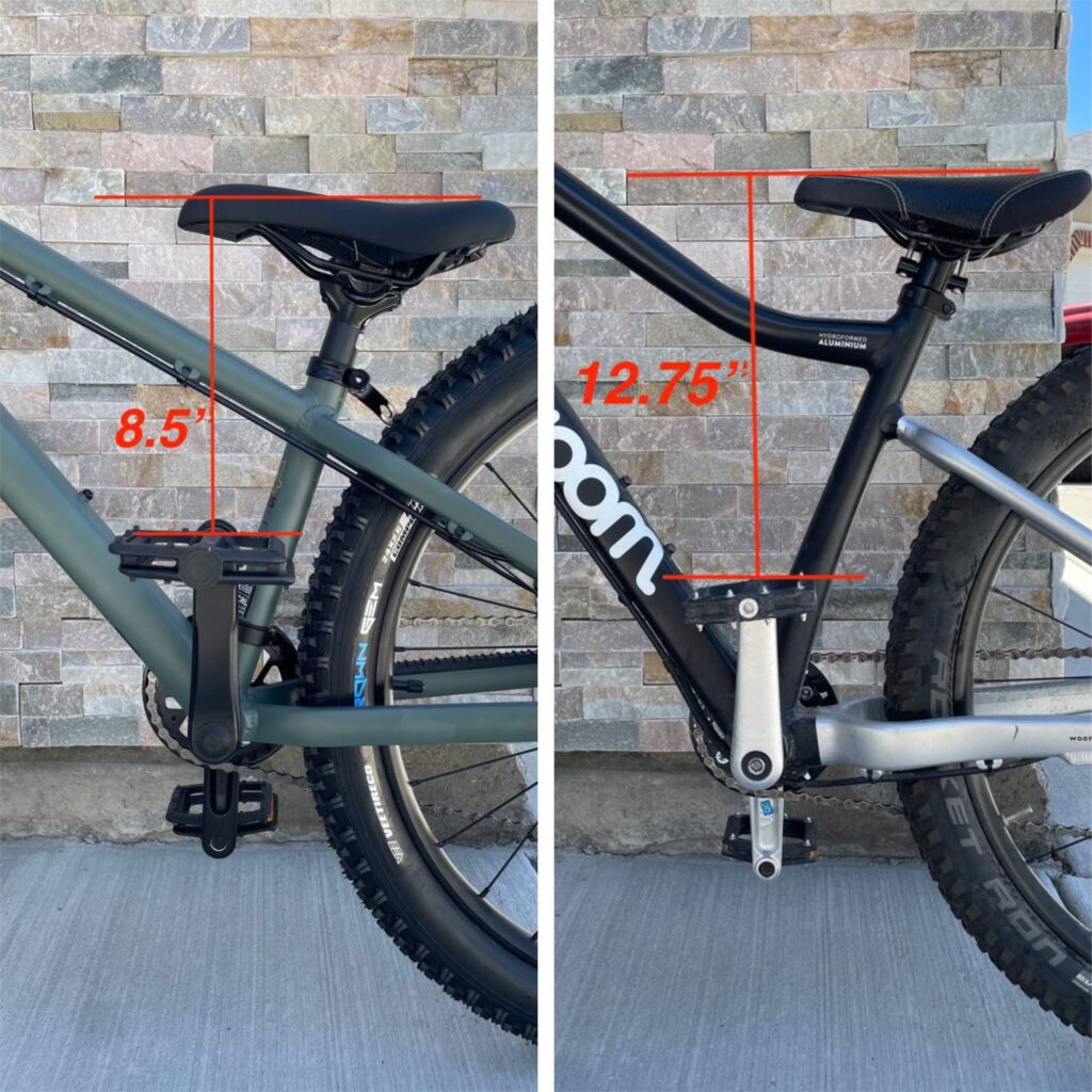 comparison image of the high pedal stroke of the Commencal Ramones 24 and the woom OFF 5