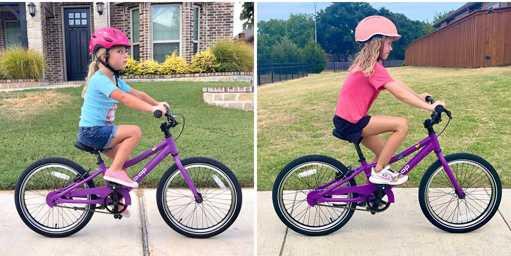 Side by side comparison of 46 inch tall and 50.5 inch tall rider riding the Co Op Cycles REV 20 bike