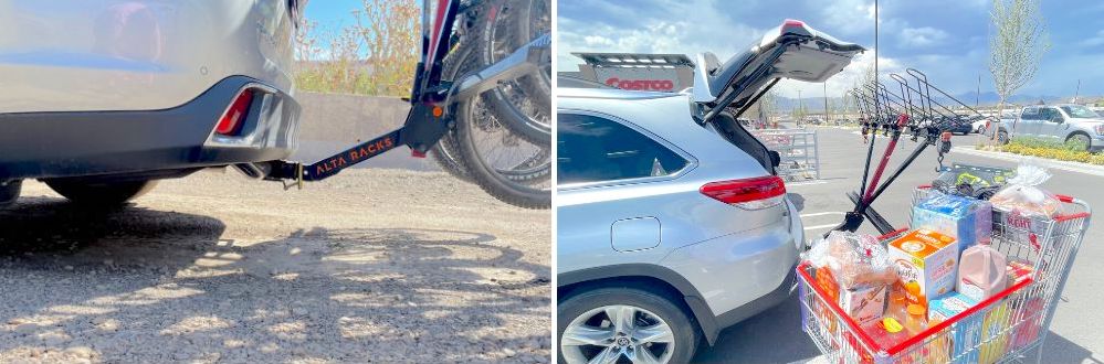 clearance on Alta's hitch arm, Alta tilted down to load up groceries