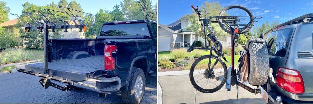 truck bed fully lowered with the Alta rack installed, Alta loaded behind a car with a rear spare