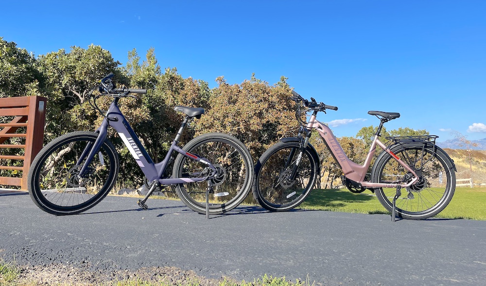 Aventon Pace 350 and Aventon Level electric bicycles sitting side by side