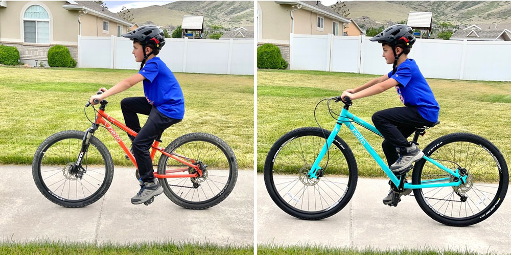 Side by side comparison of 9 year old riding 24 inch Pello Reyes and larger 27.5" Pello Roovi.