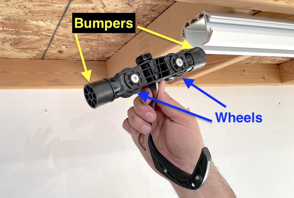 Stashed Products hook shuttle with bumpers and wheels labeled