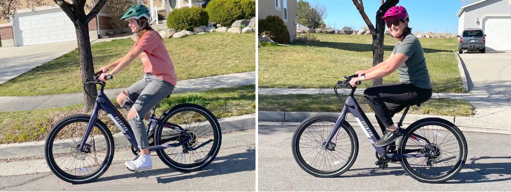 side by side comparison of a 5'6" rider and a 5'10" rider on the Aventon Pace 350 size s/m step through frame