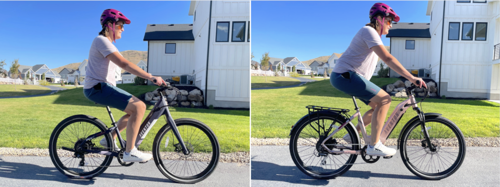Side by side comparison of woman on a cruiser style ebike and a commuter style ebike