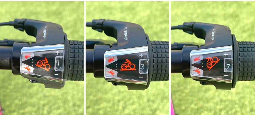 Collage showing three images of Guardian's grip shifter window, with a red diagram of a man pointed up hill or downhill, depending on what gear you're in.