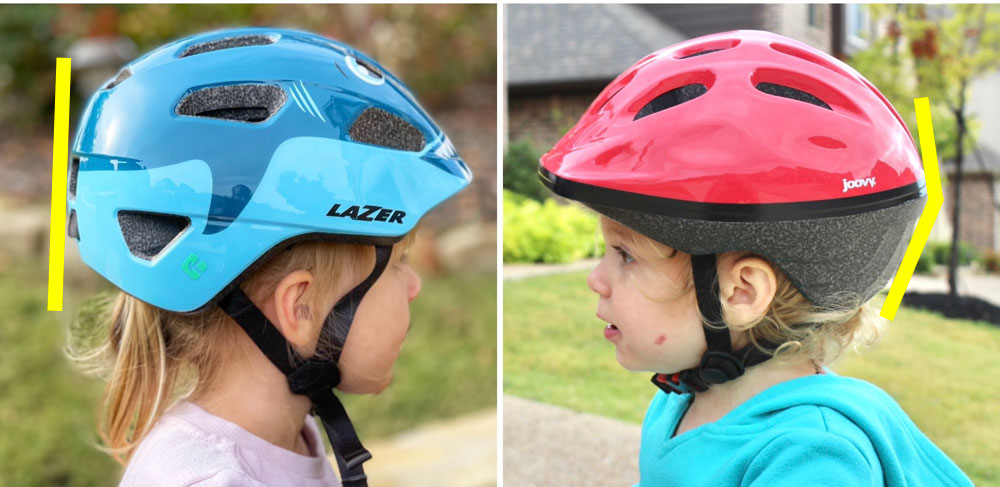 Comparison of flat helmet back of Lazer Pnut and the pointed back of the Joovy Noodle