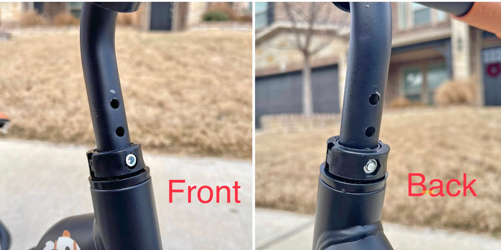 Showing front and back of bolt and nut handlebar height adjustment system on the Chillafish Charlie balance bike