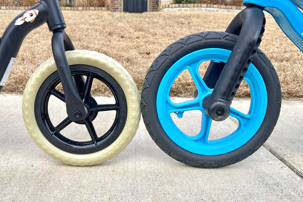 Side by side comparison of foam tire on Chillafish Charlie and Rubberskin tire on Chillafish BMXie