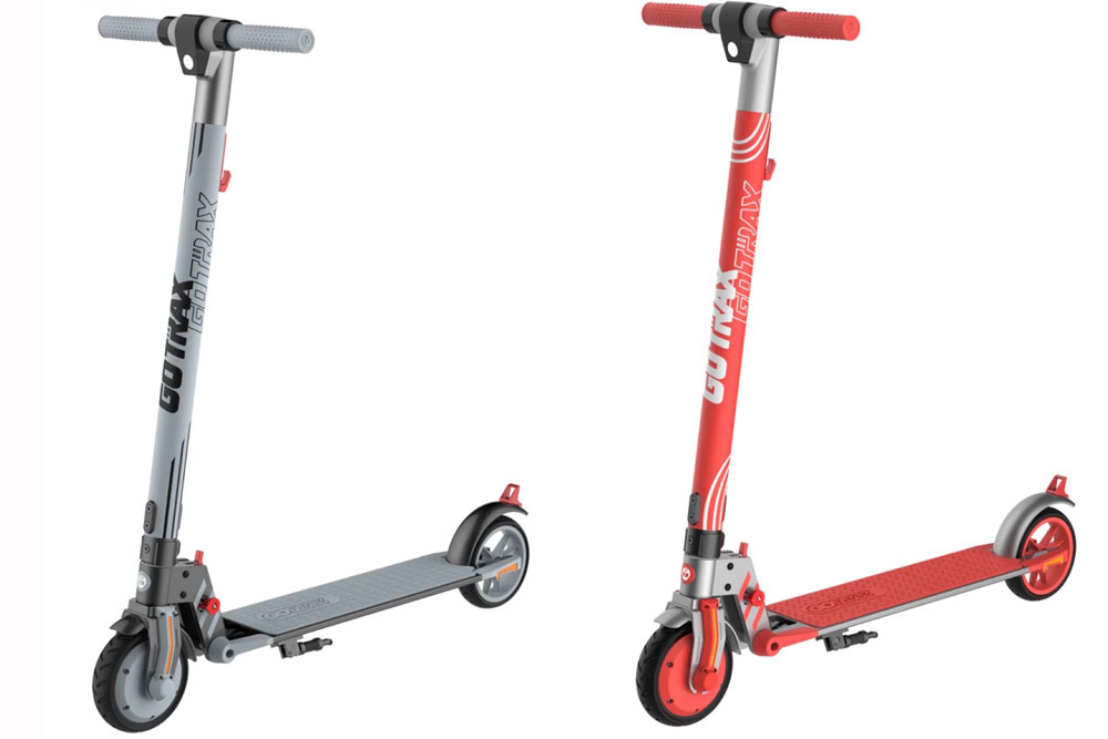 GoTrax Vibe electric scooters for kids and teens in gray and red