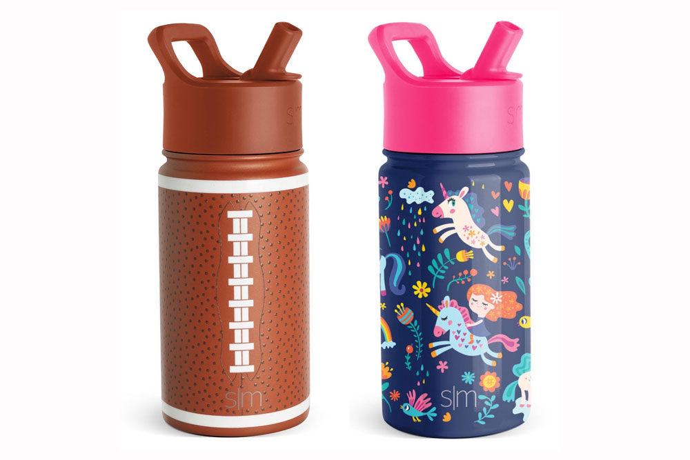 Boys and girls Simple Modern Kids water bottles in 14 oz. Football and unicorn patterns.