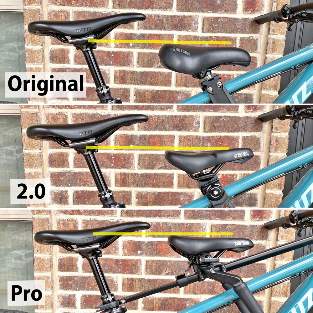 Collage showing height of kids saddle vs adult saddle on three different Kids Ride Shotugn seats