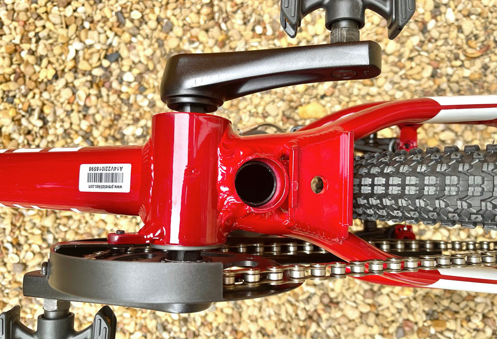 Underside of Prevelo Alpha One, showing open seat tube bottom