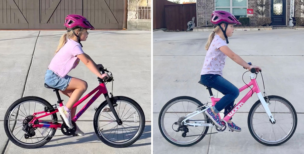 Side by side comparison of Prevelo Alpha Three and woom 4, comparing body position of rider. Prevelo is more leaned forward, while Woom is more upright