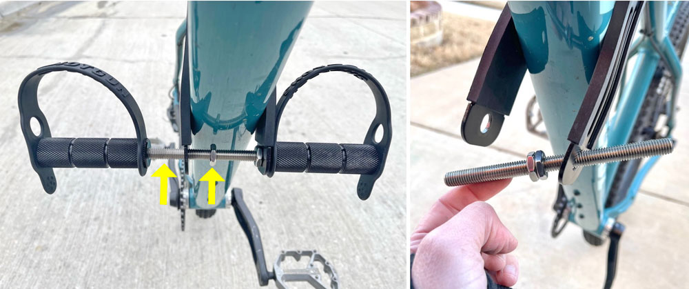 Skewer between footpegs being removed on Shotgun MTB seat