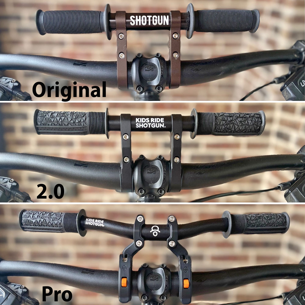 Collage comparison of Shotgun handlebars - original, 2.0, and Pro.