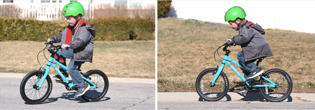Boy riding the Pello Revo while sitting upright and when leaning in 
