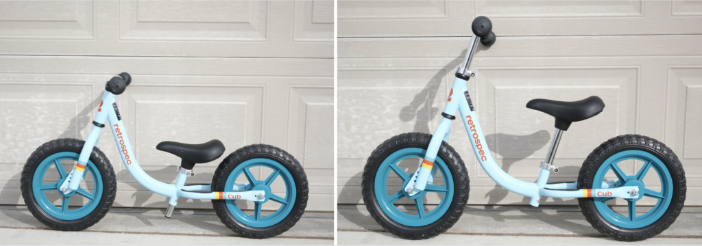 side by side pictures of the Retrospec Cub balance bike showing it set to the lowest height positions as well as the highest