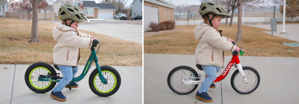 young toddler riding the Retrospec Cub Plus and the woom 1 
