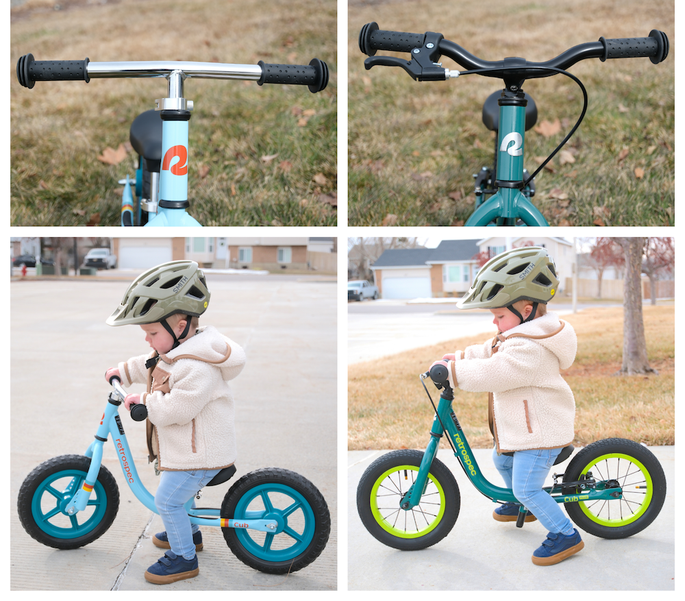 Collage of images showing the different handlebar heights on the Retrospec cub balance bikes