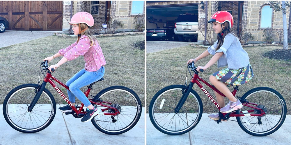side by side sizing comparison of 8 and 10 year old on Prevelo Alpha Four.