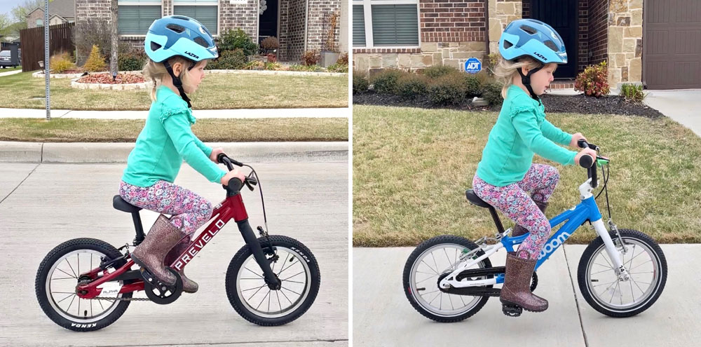 Side by side comparison of 3 year old on Prevelo Alpha One and woom 2