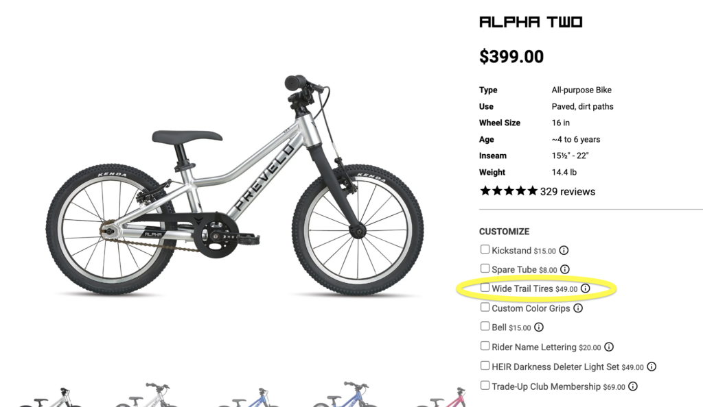 Screenshot of online checkout process for Prevelo Alpha Two