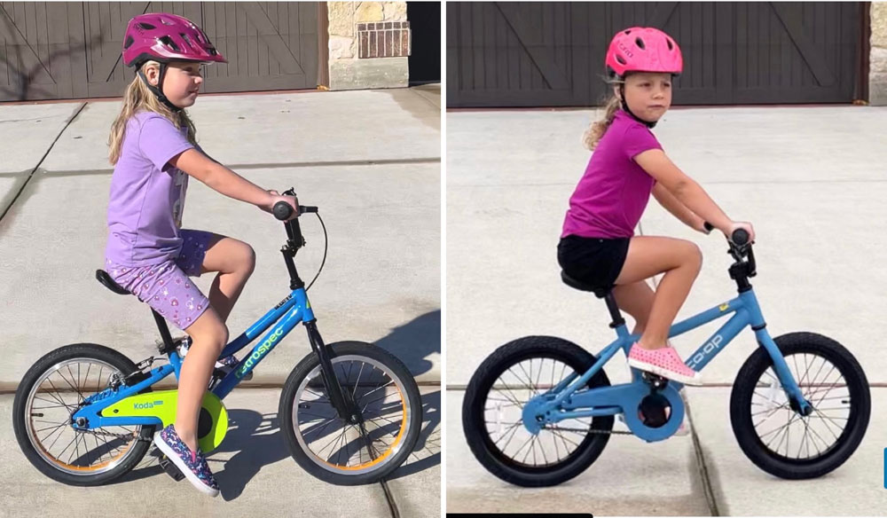 Side by side comparison of 5 year old on Retrospec 16" bike vs REI 16" bike
