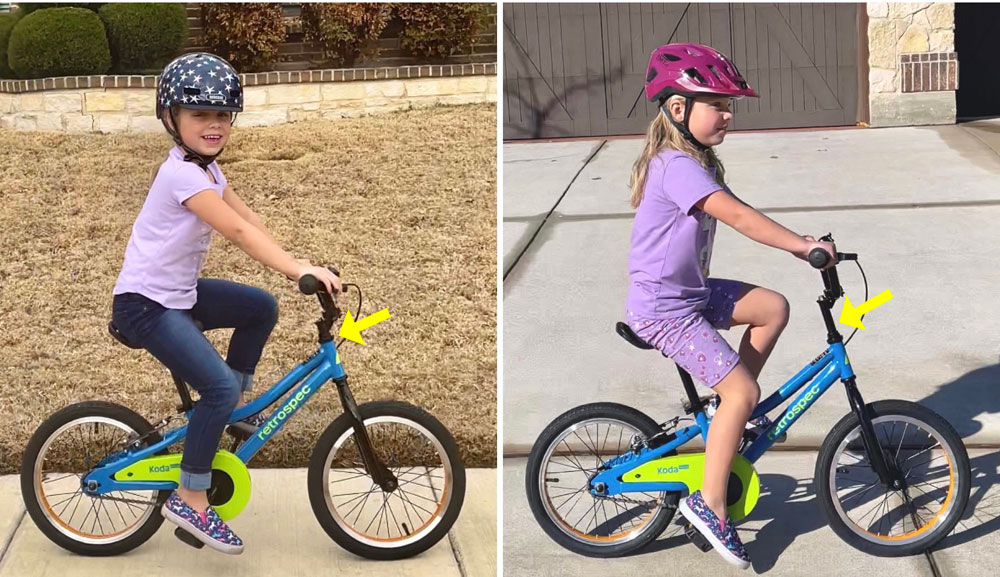 Side by side comparison of 5-year-old girl on Retrospec Koda 2 Plus 16 with the handlebars at their lowest and highest points.