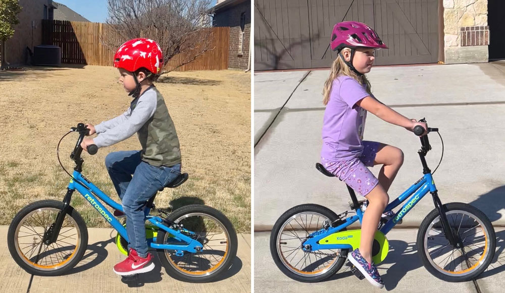 Sizing comparison of 4 and 5 year olds on Retrospec Koda 2 Plus 16 inch bikes. Both are a good fit.