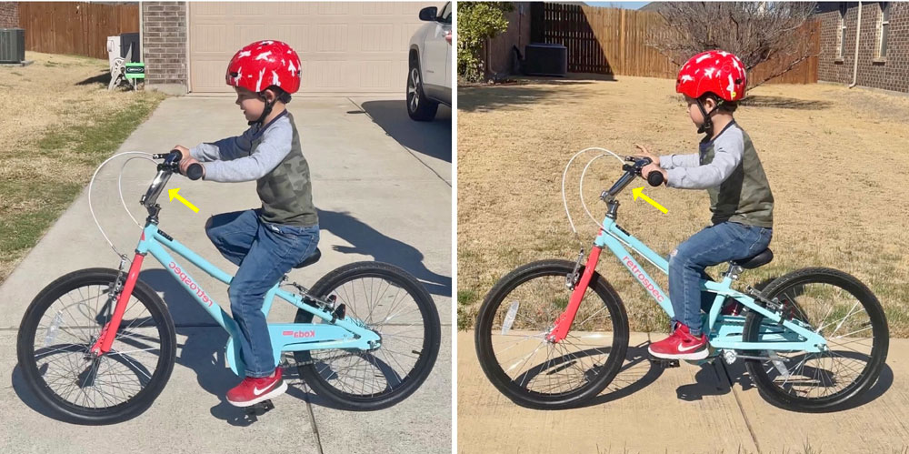 Side by side comparison of 4 year old riding the 20" Retrospec Koda bike with the handlebars adjusted high and low for a better fit.