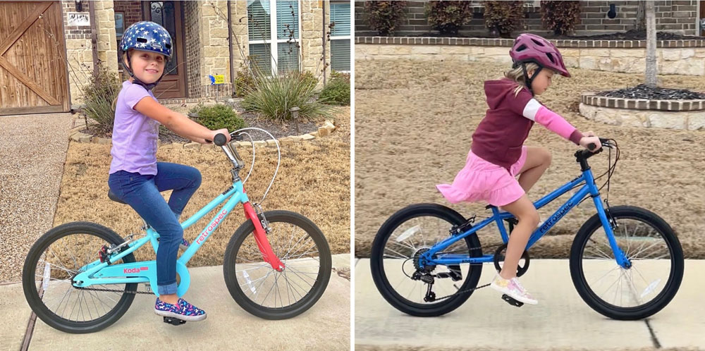 Side by side comparison of 5 year old on Retrospec Koda 20 7 speed and single speed. The 7 speed is much more aggressive.