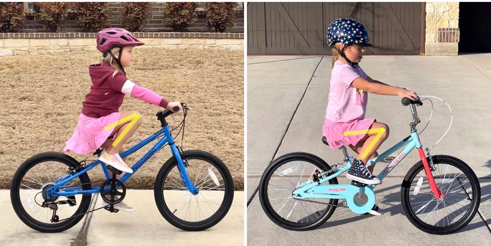 Side by side comparison of Retrospec Koda 20 7-speed and single speed with child at the top of the pedal stroke. The knee bend of the 7 speed is much tighter.