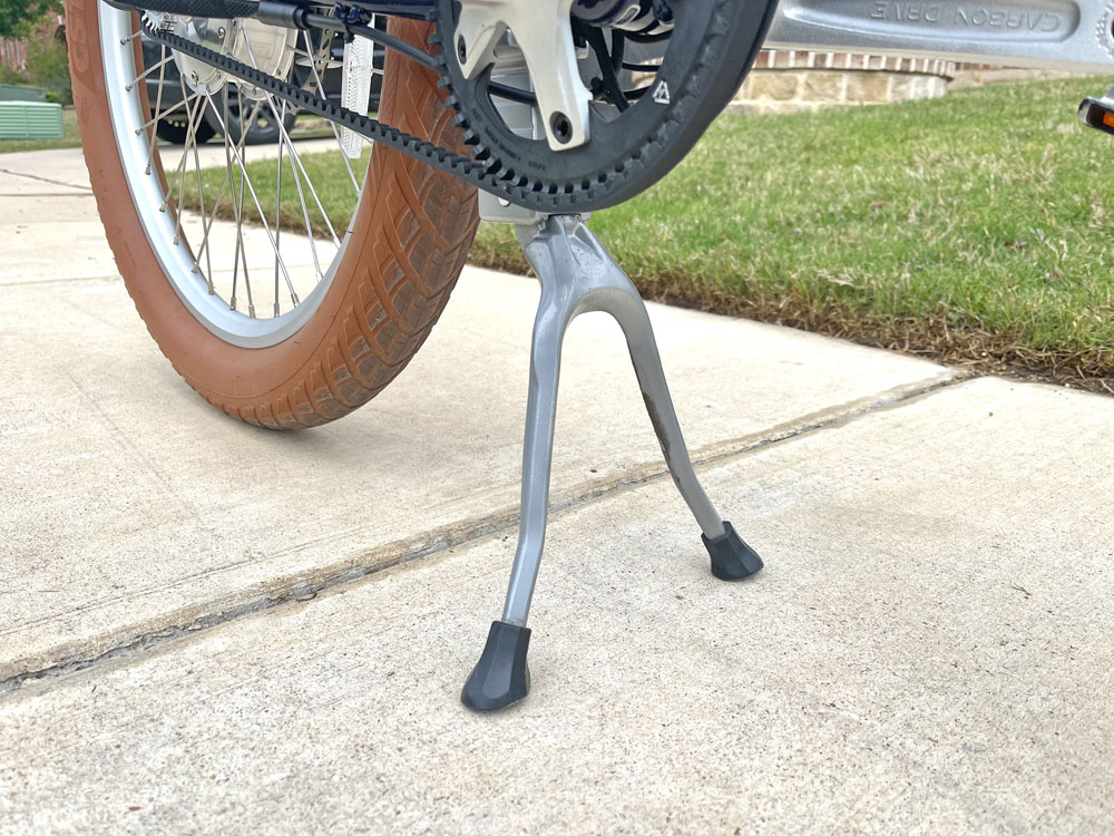 Dual foot kickstand on the Priority e-Coast electric beach cruiser
