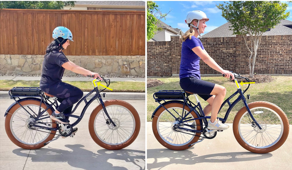 Side by side comparison of two women on the Priority e-Coast, showing difference in sizing.