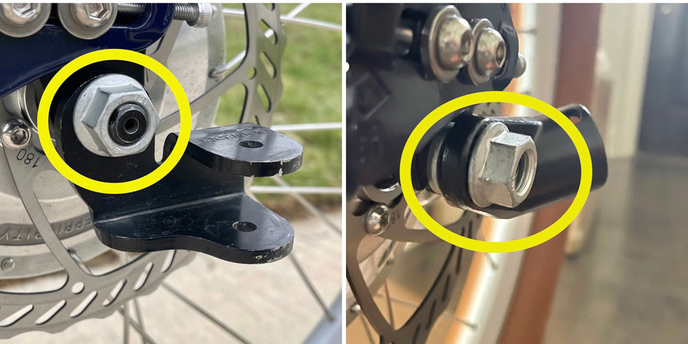 Priority eCoast rear axle with two different bike trailer hitch couplers attached